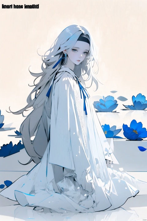  1girl, blue eyes, white long translucent night gown, expressionless, (white hair), hair cover one eye, long hair, blue hair flower, kneeling on lake, blood, (plenty of blue petals:1.35), (white background:1.5), (English text), greyscale, monochrome,greyscale,monochrome,sketch, liuying, meiren-red lips, Diagram