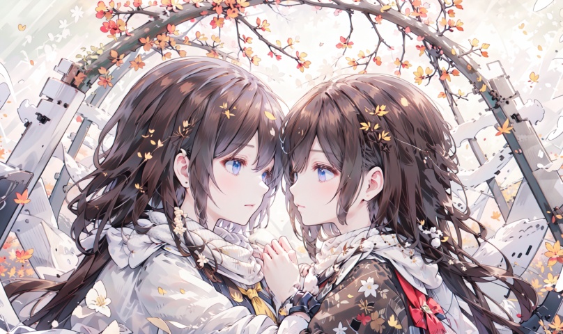 1girl, long hair, bangs, brown hair, black hair, long sleeves, 1boy, closed mouth, upper body, hetero, hand up, scarf, looking at another, coat, profile, leaf, expressionless, wind, light particles, eye contact, height difference, branch, white scarf, autumn leaves, yellow theme, clothes grab, A couple look at each other affectionately, Aesthetic, The seasons change, Winter, Autumn, Spring, Summer, Snow theme, Purple theme, Green theme, from side