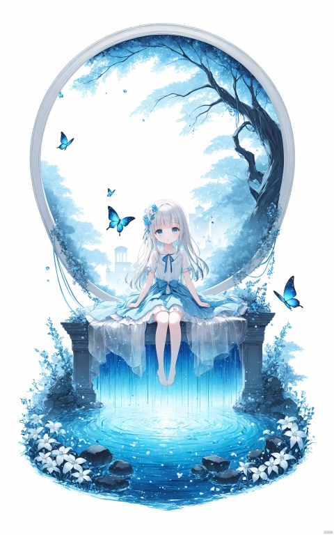  (masterpiece), (best quality), loli, dynamic angle,original,(an extremely delicate and beautiful),Perfect details,(ultra-detailed),illustration,(fantasy:1.3),(extremely detailed CG unity 8k wallpaper),(depth of field),(full body:1.233),(Livy Irwin), (white background:1.45),(transparent background:1.3),(Circular background:1.27), (1girl:1.314),detailed face,(++(A pale complexion:1.414)//),(azure blue eyes:1.233),(glowing eyes:1.233),(detailed eyes),(Silver hair:1.14),(+(hair flower:1.14)),(expressionless,closed mouth),(lolita fashion:1.14),(sitting), (abysmal sea),(flowing water),(a dull blue world tree:1.14,in the cemetery:1.233),(night:1.2),dreamy,soul,(yubao:0.5),(fluorescence),(flying translucent blue butterflies:1.15),