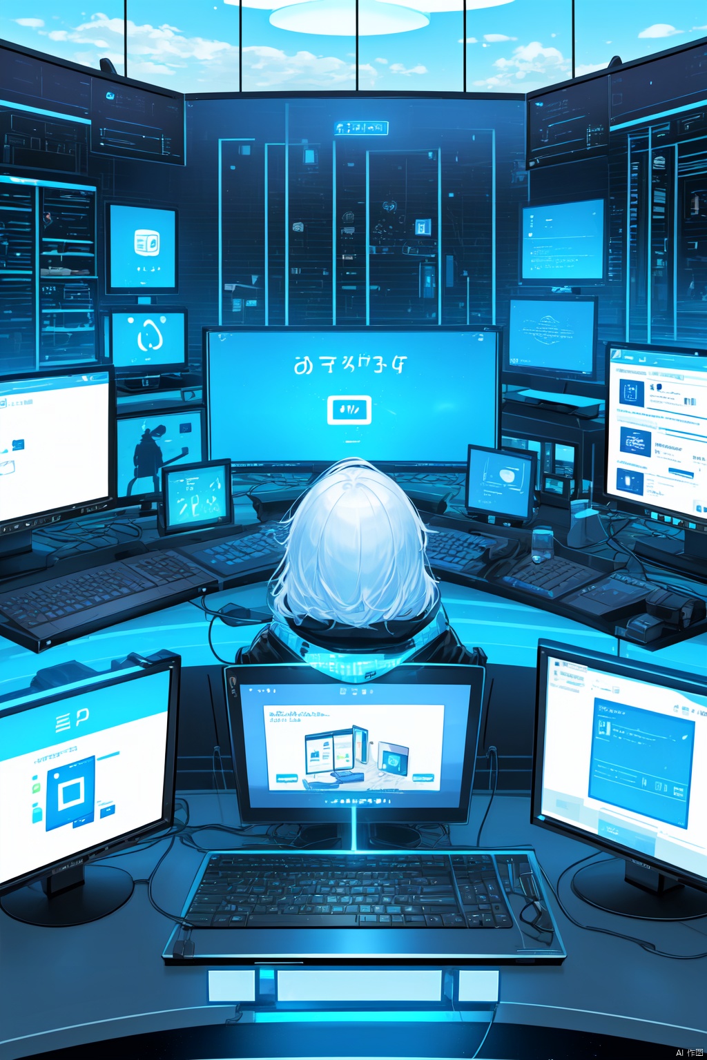 Work in front of the computer, Cloud customer service, Keep the text in mind for risk control security, Text Protection: Customers protect themselves, Transparent smartphone,Work on a computer desktop, Cloud customer service, Keep the text in mind for risk control security, Text Protection: Customers protect themselves, holographic interface, fantasy, Transparent smartphone