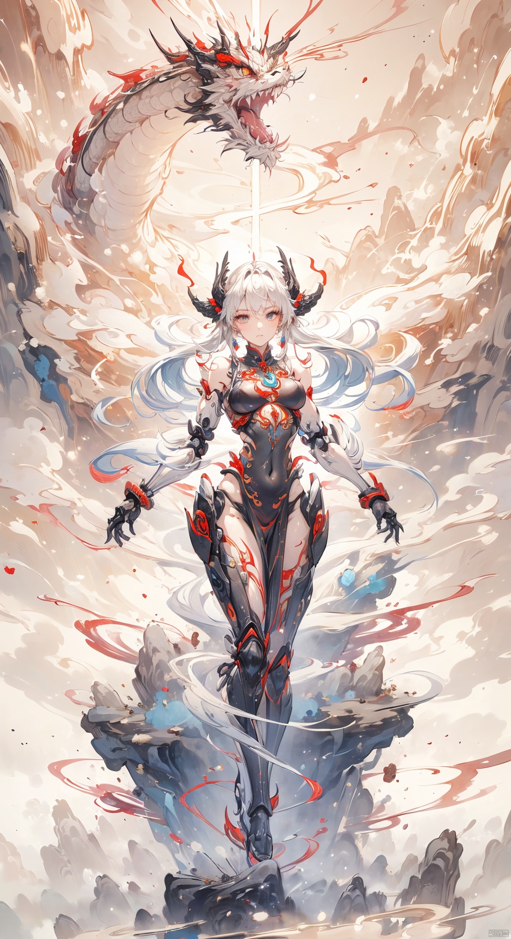  The game -Tower of Fantasy, the character -NEMESIS, (a half-human, half-mechanical beauty: 1.4), (wearing a black combat soft armor: 1.2), soft armor is inset with red, white, and gold decorations, both highlight her half-human, half-mechanical characteristics, but also give her a mysterious charm. Her long hair hung loose behind her, flowing gently, in stark contrast to the grim style of the outfit. There was a firmness in her eyes, as if she were ready to fight for justice whenever and wherever she could, eastern_dragon, Dragon and girl