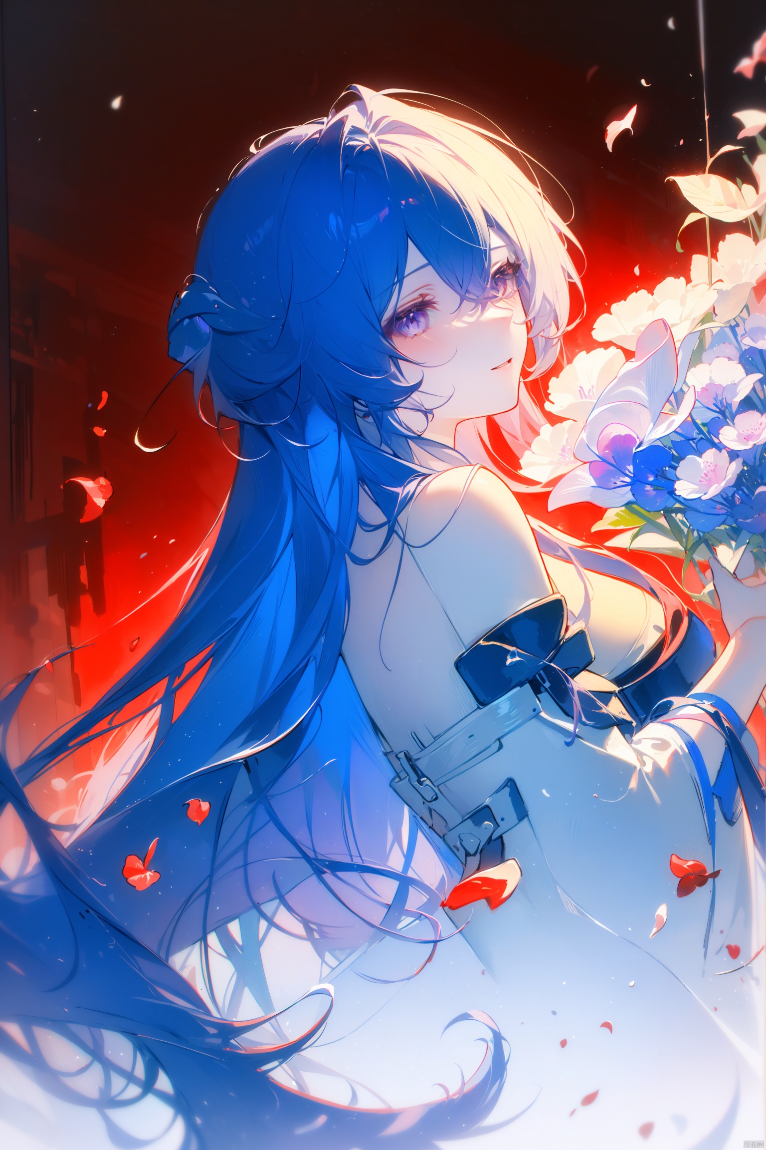  1girl, long hair, flower, Lisianthus, in the style of red and light azure, dreamy and romantic compositions, red, ethereal foliage, playful arrangements, fantasy, high contrast, ink strokes, explosions, over exposure, purple and red tone impression, abstract, whole body capture, ,
, 1girl, liuying