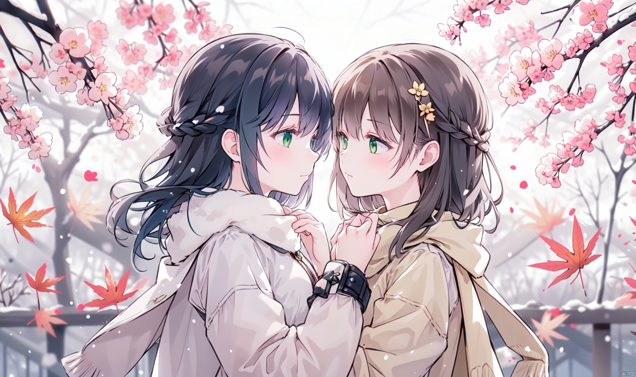 1girl, long hair, bangs, brown hair, black hair, long sleeves, 1boy, closed mouth, upper body, hetero, hand up, scarf, looking at another, coat, profile, leaf, expressionless, wind, light particles, eye contact, height difference, branch, white scarf, autumn leaves, yellow theme, clothes grab, A couple look at each other affectionately, Aesthetic, The seasons change, Winter, Autumn, Spring, Summer, Snow theme, Purple theme, Green theme, It snows, Willow tree, Peach blossom, from side