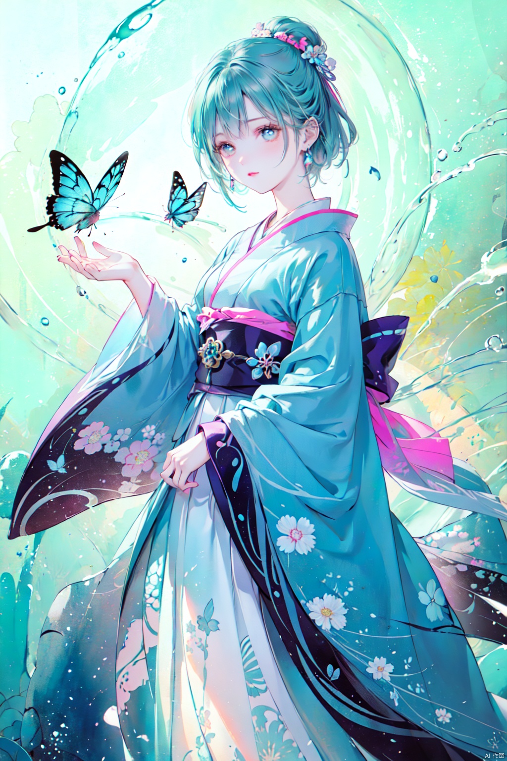  blue butterfly, in a colorful fantasy realism style, realistic color palette, wink and you miss details, japanese style art, fluid and organic shapes, light teal and light red, light reflection