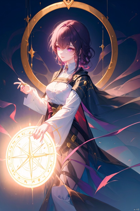  1 girl, sorceress apprentice, casting a powerful spell, wand in hand, glowing runes encircling her, cape fluttering in the magical breeze, standing in a mystic circle, surrounded by swirling potions and bubbling cauldrons, ancient tomes open nearby, eyes focused and determined, hint of mischief in her smile, purple aura shimmering around her, magical energy crackling in the air, mysterious symbols carved into the stone floor, dimly lit chamber with candles flickering, creating a dramatic and enchanting atmosphere.
, robinSR, 1girl,a girl named heitiane, Kafka(character), liuying, official