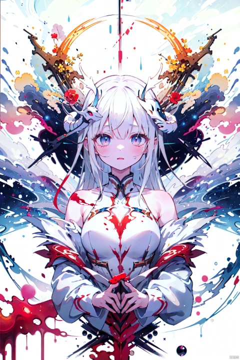  asterpiece, best quality, ultra high res, (extreme detailed), (1 beautiful girl), (abstract art:1.4), bleeding white, visually stunning, beautiful, evocative, emotional, ((white background)), white theme, goddess, cloud, mask, 1 girl