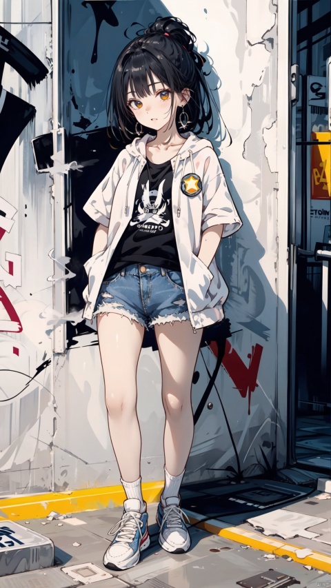  best quality,masterpiece,illustration,earrings,,hand in pocket,Denim shorts,an extremely delicate and beautiful,extremely detailed,CG,unity,8k,wallpaper,Amazing,finely detail,1 girl, solo, street, graffiti, white short sleeved, denim jacket, denim shorts, sneakers, spray painting,graffiti on the wall, hip-hop, street culture, jtc