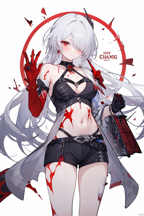  masterpiece, best quality,1girl, alternate costume, solo, bag, looking at viewer, blush, plaid, charm (object), bag charm, bangs, contemporary, sidelocks, jewelry, character name, female woman, white background, 
\\\\\\\\\\\,
(whuangquan:1.2),white hair,asymmetrical clothes,(bloody hand,red hand:1.35) eyes,long hair,hair over one eye,shorts,
