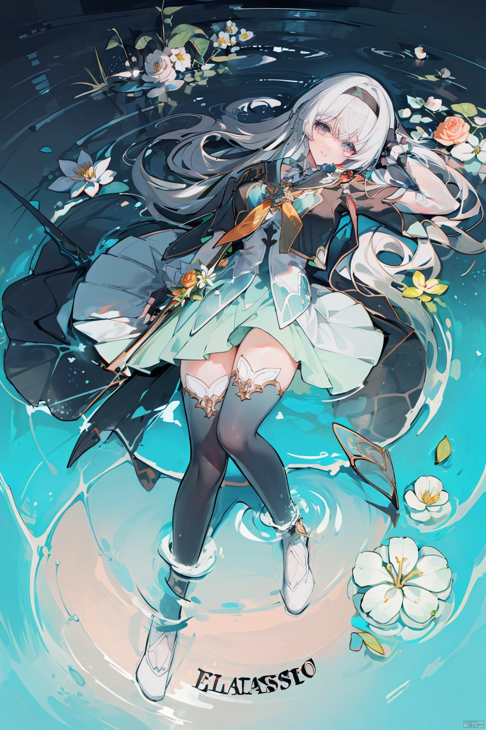  masterpiece, best quality,1girl, alternate costume, 
\\\\\\\\\
 1girl, solo,  flower, lantern, water, ripples, bangs, white_flower, looking_at_viewer, full_body, copyright_name, reflection, lying,
\\\\\\\\\\\,
liuying,def clothe,1girl,black thighhighs,blue eyes,hairband,long hair,black hairband,fingerlessgloves,skirt,
