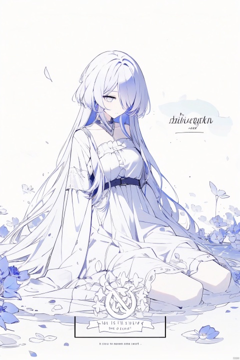  1girl, blue eyes, white long translucent night gown, expressionless, (white hair), hair cover one eye, long hair, blue hair flower, kneeling on lake, blood, (plenty of blue petals:1.35), (white background:1.5), (English text), greyscale, monochrome,greyscale,monochrome,sketch, liuying