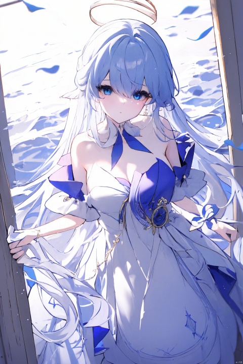  1girl, blue eyes, white long translucent night gown, expressionless, (white hair), hair cover one eye, long hair, blue hair flower, kneeling on lake, blood, (plenty of blue petals:1.35), (white background:1.5), (English text), greyscale, monochrome,greyscale,monochrome,sketch, liuying