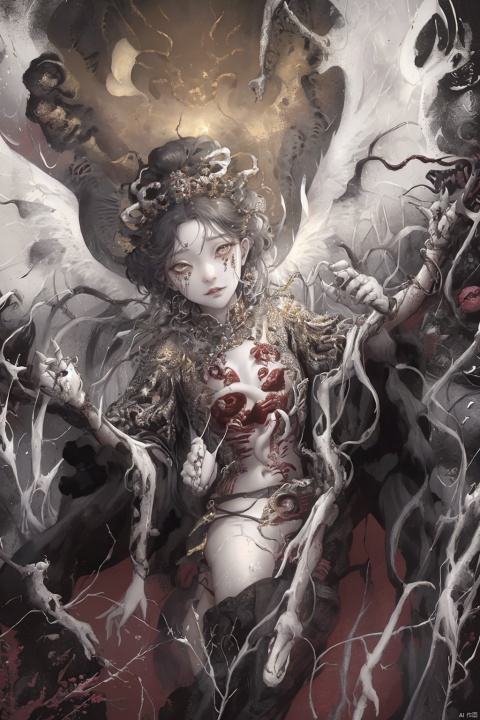  Envision a scene where the demons, having conquered heaven, now revel in their victory. The colors are dark and twisted, with the demons' forms contorted in expressions of cruel delight as they defile the once holy ground of the celestial realm., zgct color, 1girl, horror (theme)