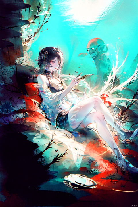  Girl with tentacles instead of legs, swimming in the ocean, surrounded by marine life and coral reefs, curious expression, underwater bioluminescence, mysterious and alien-like.Long legs, sit,