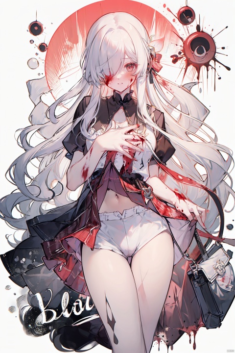  masterpiece, best quality,1girl, alternate costume, solo, bag, looking at viewer, blush, plaid, charm (object), bag charm, bangs, contemporary, sidelocks, jewelry, character name, female woman, white background, 
\\\\\\\\\\\,
(whuangquan:1.2),white hair,asymmetrical clothes,(bloody hand,red hand:1.35) eyes,long hair,hair over one eye,shorts,
, skirt_lift, tattoo on stomach, spread leg, liuying