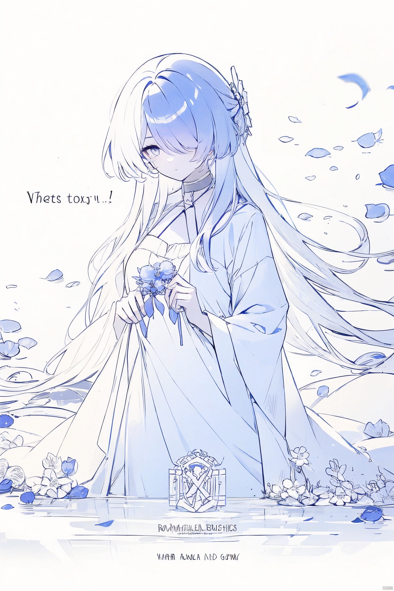  1girl, blue eyes, white long translucent night gown, expressionless, (white hair), hair cover one eye, long hair, blue hair flower, kneeling on lake, blood, (plenty of blue petals:1.35), (white background:1.5), (English text), greyscale, monochrome,greyscale,monochrome,sketch, liuying