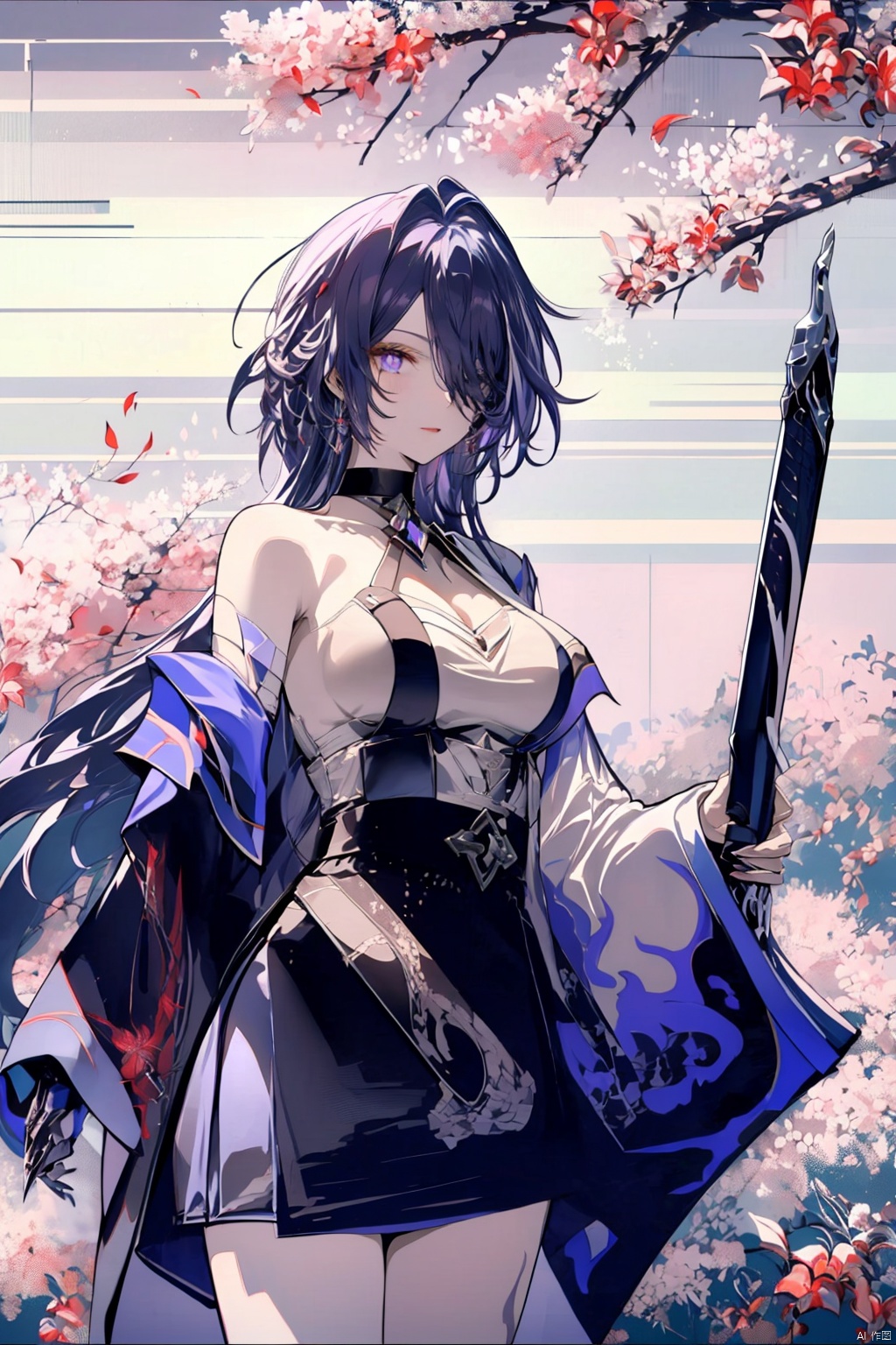  1girl, purple hair, dark purple hair, purple clip on hair, wearing Japanese clothes, Japanese clothes, purple and white Japanese clothes, holding a sword, holding a purple shiny sword, glowing purple sword, Japanese type sword, background charry blossom trees, beautiful pinkish charry blossom trees, dark purple sky, look at the view, lora:more_details:0.5, vibrant colors, masterpiece, sharp focus, best quality, depth of field, cinematic lighting, lora:more_details:0.5,wearing an apron, lora:more_details:0.5, naked and wearing an apron, Ymir Fritz