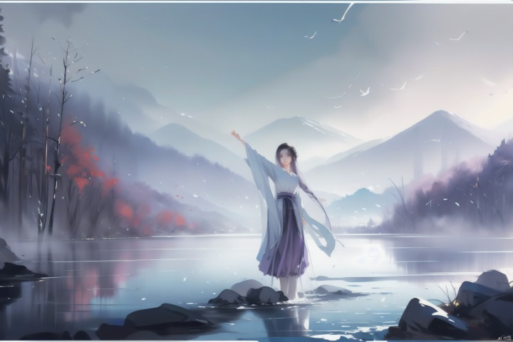  In one ink painting, a woman dressed in lilac stands in front of a foggy landscape. Her figure seems to be part of the painting, integrated with the surrounding mountains and water. Her eyes are deep, as if in contemplation of the mood. Her outstretched hands, moving her graceful body, her fingers gently touching the hem of her skirt, reveal a gentle sensuality in her movements. Traditional Chinese ink painting;, woman