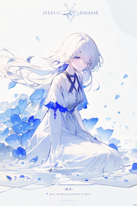  1girl, blue eyes, white long translucent night gown, expressionless, (white hair), hair cover one eye, long hair, blue hair flower, kneeling on lake, blood, (plenty of blue petals:1.35), (white background:1.5), (English text), greyscale, monochrome,greyscale,monochrome,sketch, liuying, backlight