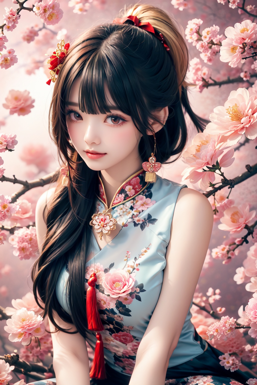  (masterpiece,best quality,absurdres:1.1), 1girl,beautiful detailed girl,fine and beautiful detailed skin,(tassel hair ornament:1.3),solo,blunt bangs,blunt tresses,ponytail,hair bow,hair ribbon,red ribbon,long hair,smile,legs up,sitting in tree,flower necklace,vines,frilled skirt, (extremely detailed beautiful background:1.1),(floral background:1.3),flower,bloom,The tree is in full bloom with flowers,glowing butterfly,butterfly,Flowers all over the ground,(Flowers blooming all over the branches,:1.1), ray tracing,reflection light,water drop,(beautiful detailed eyeliner),(beautiful detailed skin),(smooth skin),(shiny skin:0.8),(shiny:0.8),wide shot,depth of field,rainbow,