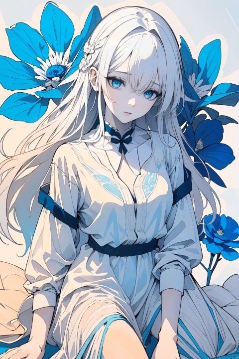  1girl, blue eyes, white long translucent night gown, expressionless, (white hair), hair cover one eye, long hair, blue hair flower, kneeling on lake, blood, (plenty of blue petals:1.35), (white background:1.5), (English text), greyscale, monochrome,greyscale,monochrome,sketch, liuying, meiren-red lips, Diagram