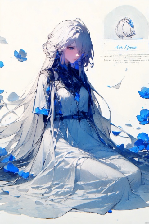  1girl, blue eyes, white long translucent night gown, expressionless, (white hair), hair cover one eye, long hair, blue hair flower, kneeling on lake, blood, (plenty of blue petals:1.35), (white background:1.5), (English text), greyscale, monochrome,greyscale,monochrome,sketch, liuying, meiren-red lips, Diagram