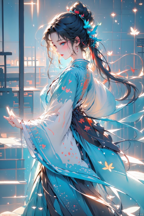  blue butterfly, in a colorful fantasy realism style, realistic color palette, wink and you miss details, japanese style art, fluid and organic shapes, light teal and light red, light reflection, gchf, Chinese style