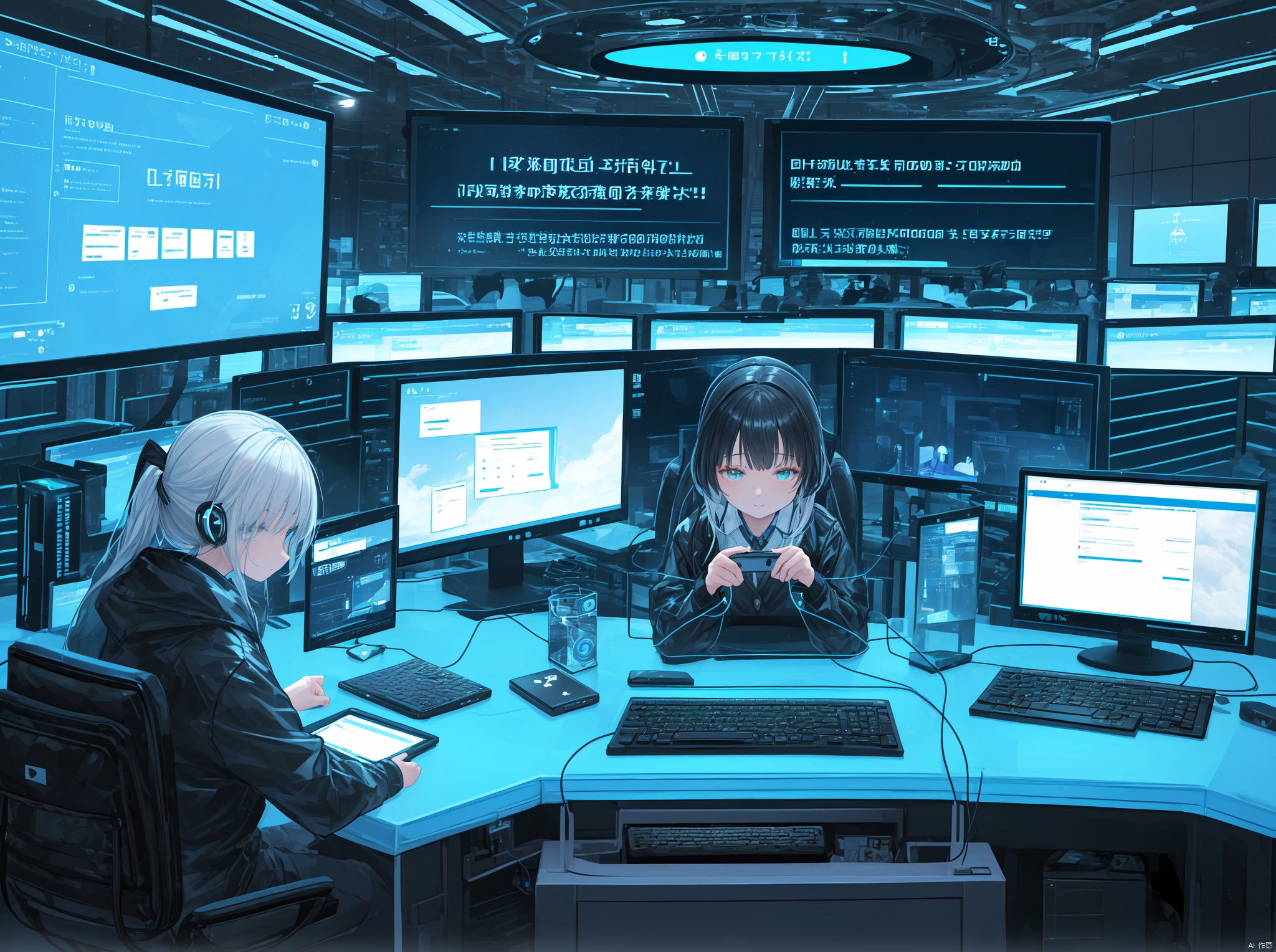 Work in front of the computer, Cloud customer service, Keep the text in mind for risk control security, Text Protection: Customers protect themselves, Transparent smartphone,Work on a computer desktop, Cloud customer service, Keep the text in mind for risk control security, Text Protection: Customers protect themselves, holographic interface, fantasy, Transparent smartphone