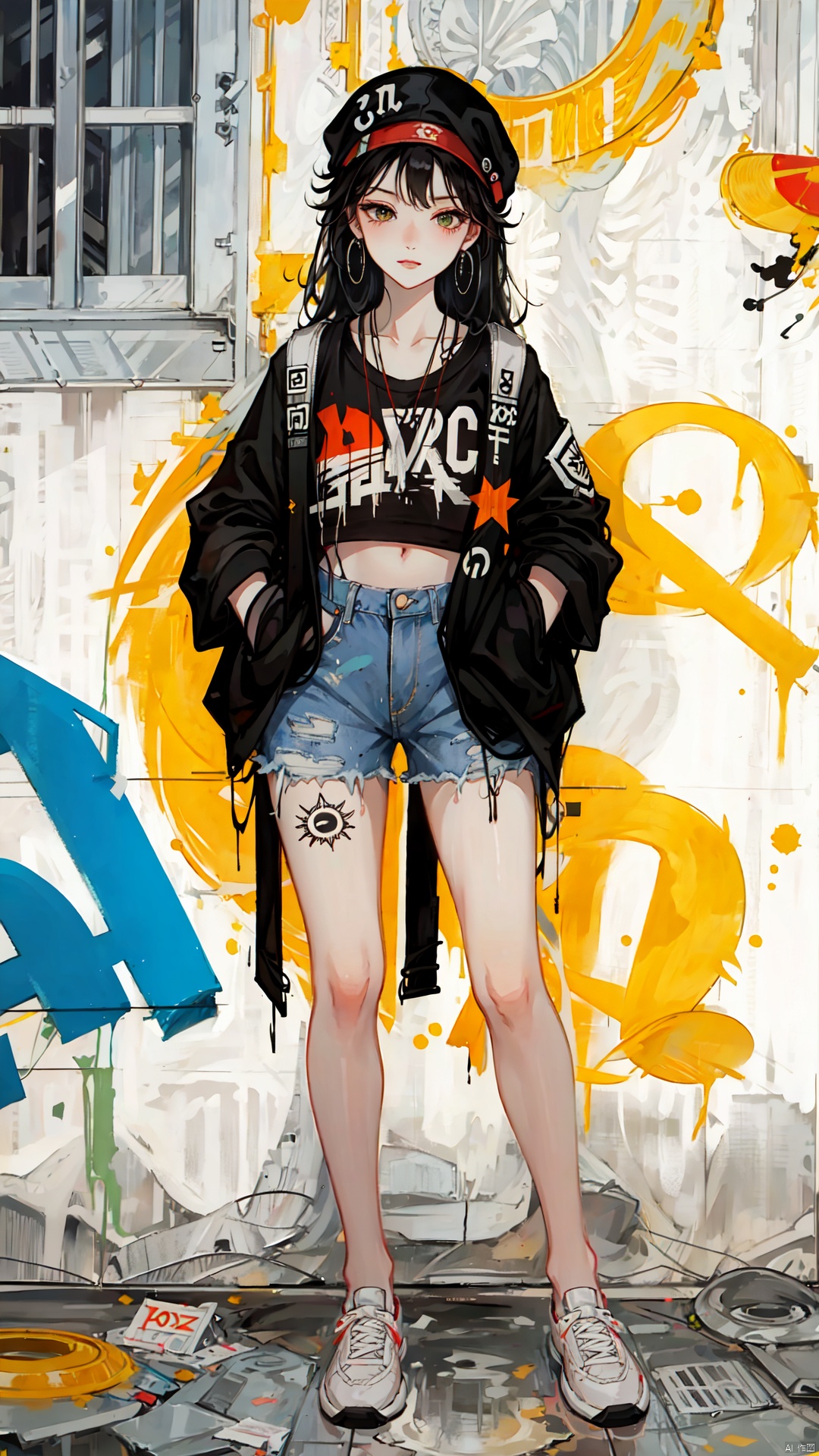  best quality,masterpiece,illustration,earrings,,hand in pocket,Denim shorts,an extremely delicate and beautiful,extremely detailed,CG,unity,8k,wallpaper,Amazing,finely detail,1 girl, solo, street, graffiti, white short sleeved, denim jacket, denim shorts, sneakers, spray painting,graffiti on the wall, hip-hop, street culture, jtc