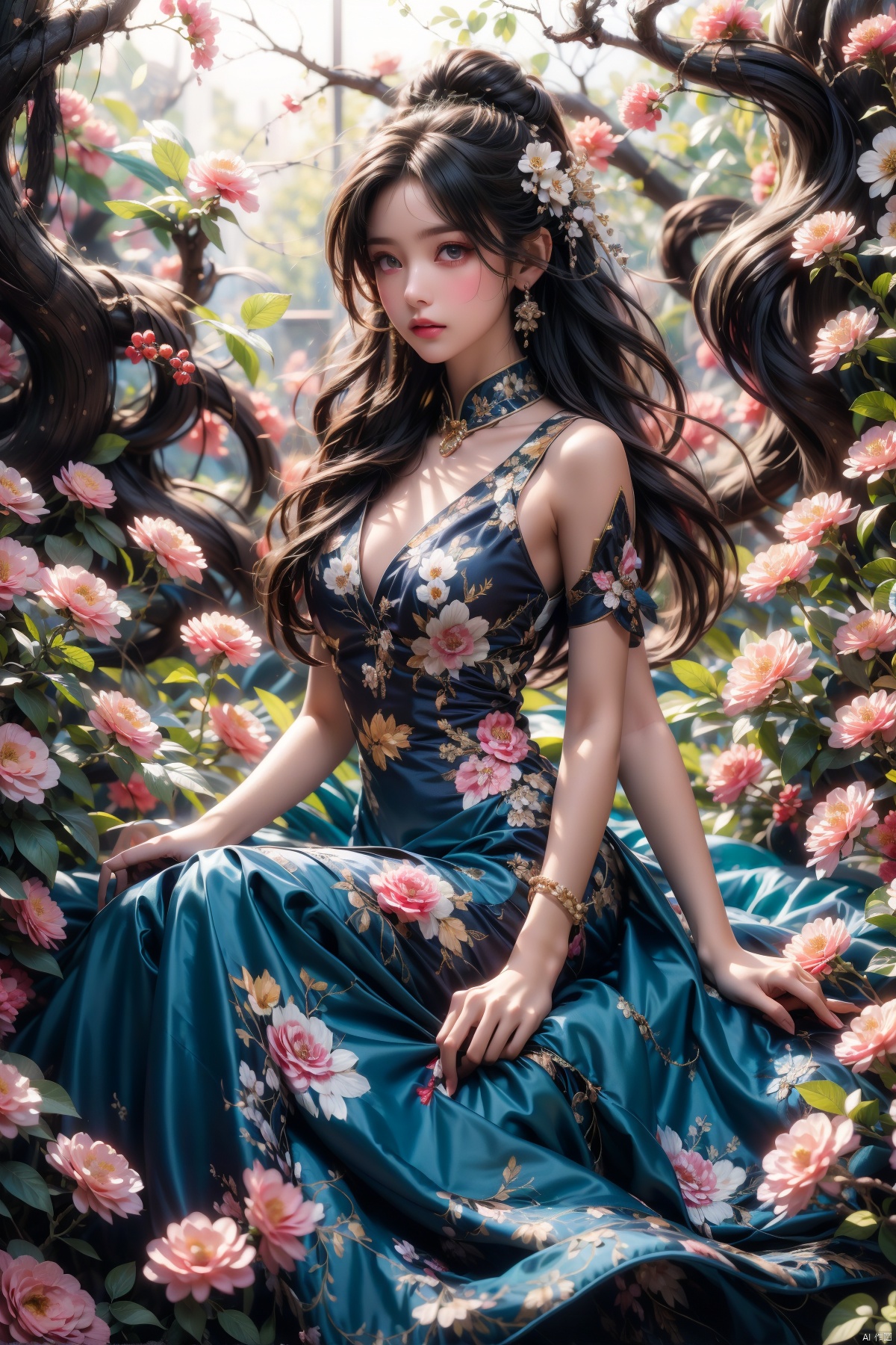  A young girl sitting on a large speaker, listening to music intently. Surrounded by multiple speakers of different sizes, forming a unique musical space. The background is a sea of blooming flowers, with branches appearing in the midst of the flowers, adding a touch of nature to the entire scene. High-definition image, high-quality photo, trending on Unsplash, Intricate details, Sharp focus, dramatic lighting, photorealistic painting art by Gregory Crewdson and Alicia Vikander., 1girl,police