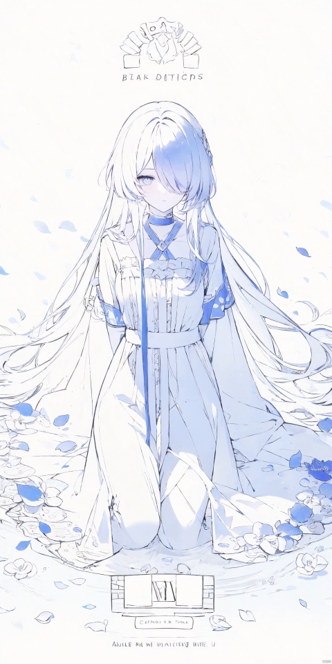  1girl, blue eyes, white long translucent night gown, expressionless, (white hair), hair cover one eye, long hair, blue hair flower, kneeling on lake, blood, (plenty of blue petals:1.35), (white background:1.5), (English text), greyscale, monochrome,greyscale,monochrome,sketch, liuying