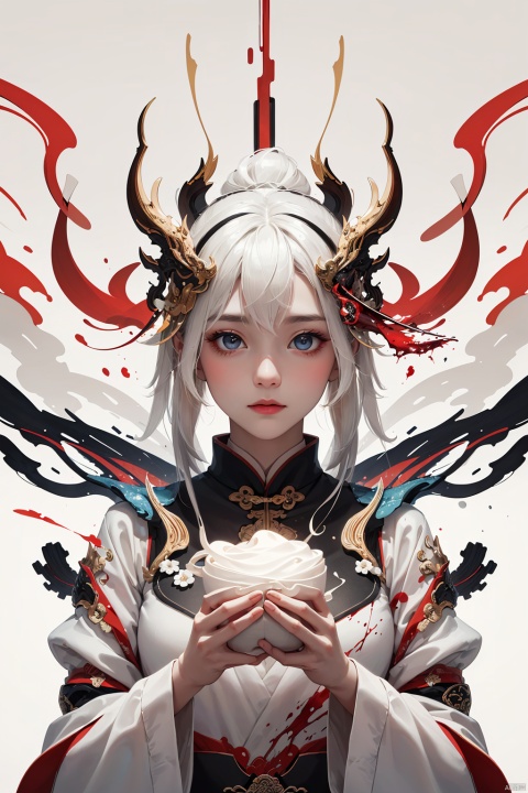  asterpiece, best quality, ultra high res, (extreme detailed), (1 beautiful girl), (abstract art:1.4), bleeding white, visually stunning, beautiful, evocative, emotional, ((white background)), white theme, goddess, cloud, mask, 1 girl, Chinese style