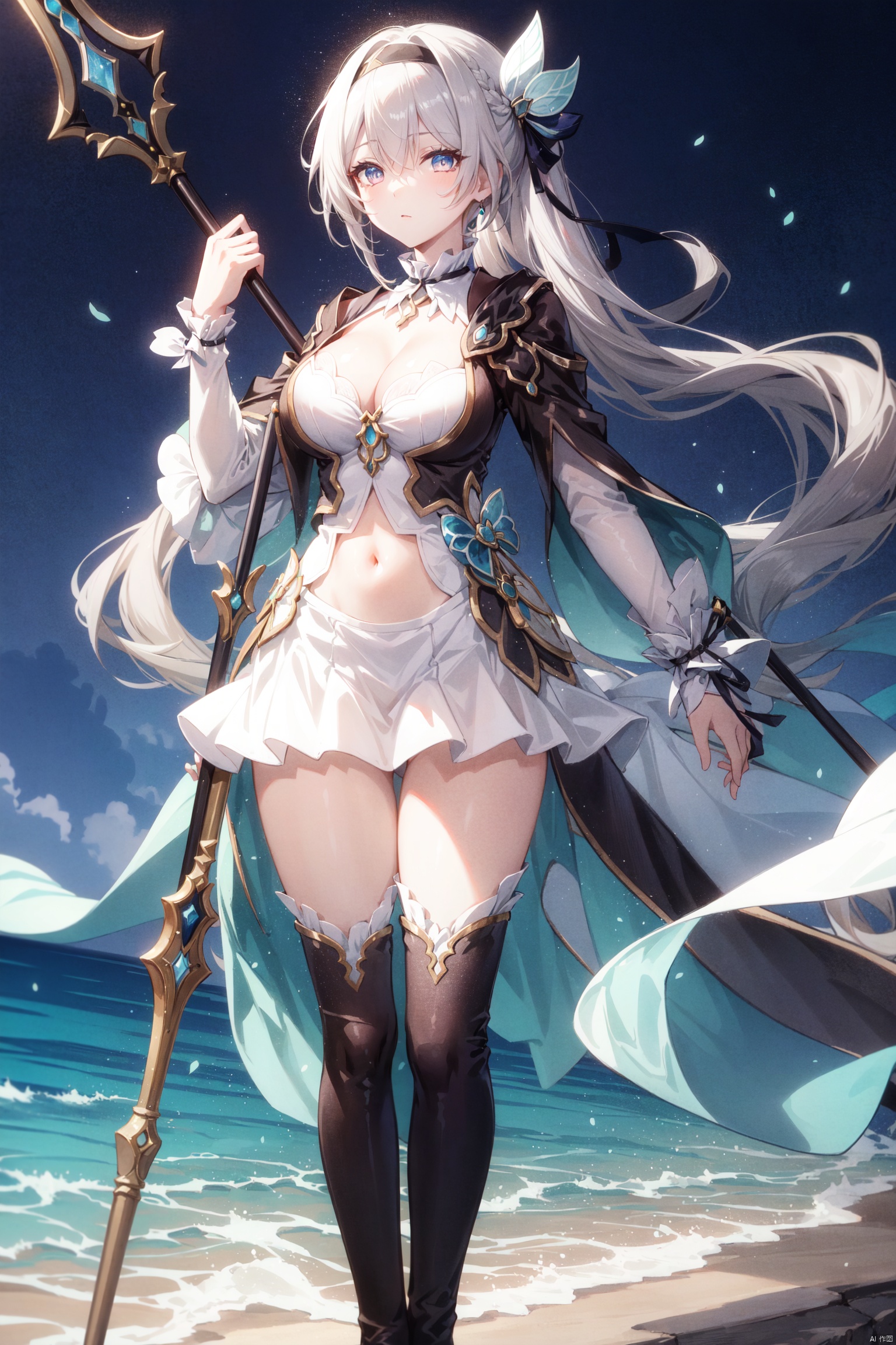 breasts, 1girl, long hair, black dress, very long hair, dress, large breasts, morgan le fay \(fate\), bangs, ponytail, hair bow, blue eyes, bow, french braid, long sleeves, looking at viewer, white dress, grey hair, pelvic curtain, sidelocks, braid, boots, thighs, solo, wide sleeves, center opening, two-tone dress, black bow, thigh boots, black footwear, spear, weapon, cleavage, polearm, tiara, thighhighs, navel, spikes, tattoo,流萤, LiuYing,liuying