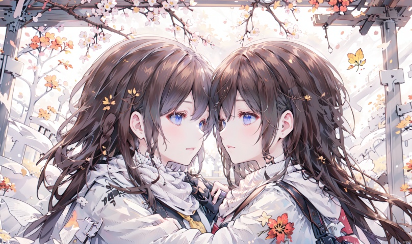 1girl, long hair, bangs, brown hair, black hair, long sleeves, 1boy, closed mouth, upper body, hetero, hand up, scarf, looking at another, coat, profile, leaf, expressionless, wind, light particles, eye contact, height difference, branch, white scarf, autumn leaves, yellow theme, clothes grab, A couple look at each other affectionately, Aesthetic, The seasons change, Winter, Autumn, Spring, Summer, Snow theme, Purple theme, Green theme, from side