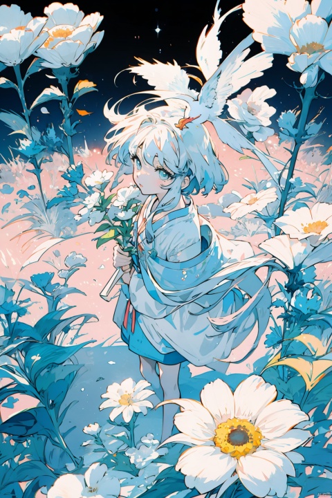  (official art, 8k wallpaper, ultra detailed, High quality, best quality),white flowers ,1girl,from above,bird's-eye_view,vintage filter,among flowers, backlight,limited_palette,white,field s of flowers, cozy anime, niji, watercolor