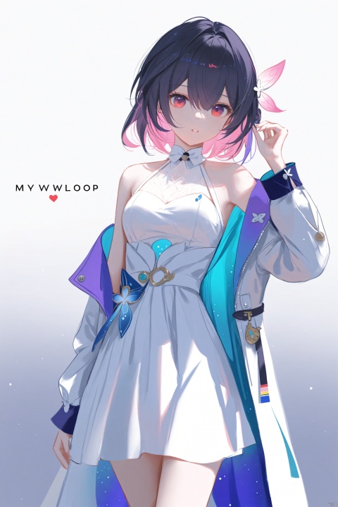  masterpiece,best quality,high quality,(colorful),[Artist miwano rag],[Artist chen bin],[Artist wlop:1],Artist myowa, 1girl, solo, hair ornament, jacket, hand up, off shoulder, white jacket, long sleeves, sleeveless, dress, open clothes, multicolored hair, hair between eyes, looking at viewer, white dress, bare shoulders, parted lips, open jacket, black hair, short hair, sleeveless dress, pink hair, colored inner hair, simple background, gradient background, eyes visible through hair, shirt, purple hair, two-tone hair, breasts, purple eyes, red eyes, turtleneck,firefly \(honkai: star rail\)