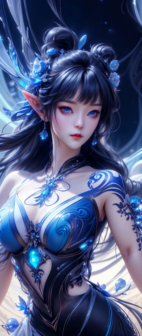  (masterpiece, best quality, ultra-detailed, highres, best illustration), depth of field, very detailed background, extreme light and shadow, (detailed eyes), perfect anatomy, dynamic angle, wide shot,
magical abstraction, (blue biolumenescent magical glow:1.4), (blue tattooes:1.2), elf, (pale skin:1.1), (delicate and beautiful oriental face), butterflies, (upper thighs shot:1.3), cloudy night, (fantasy style, 8K, masterpiece, best quality:1.15), (intricate details:0.9), (hdr, hyperdetailed:1.2)