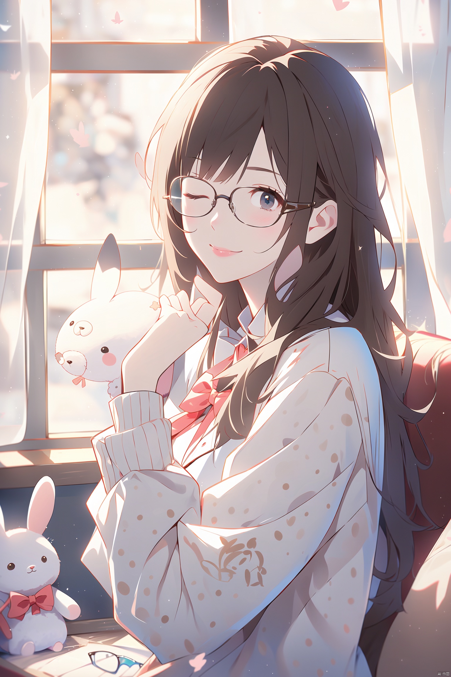  cute girl,1girl, glasses, brown hair, solo, stuffed toy, long hair, stuffed bunny, one eye closed, indoors, stuffed animal, looking at viewer, long sleeves, smile, rabbit, window, curtains, bow, artist name, cute girl,photorealistic, hand101