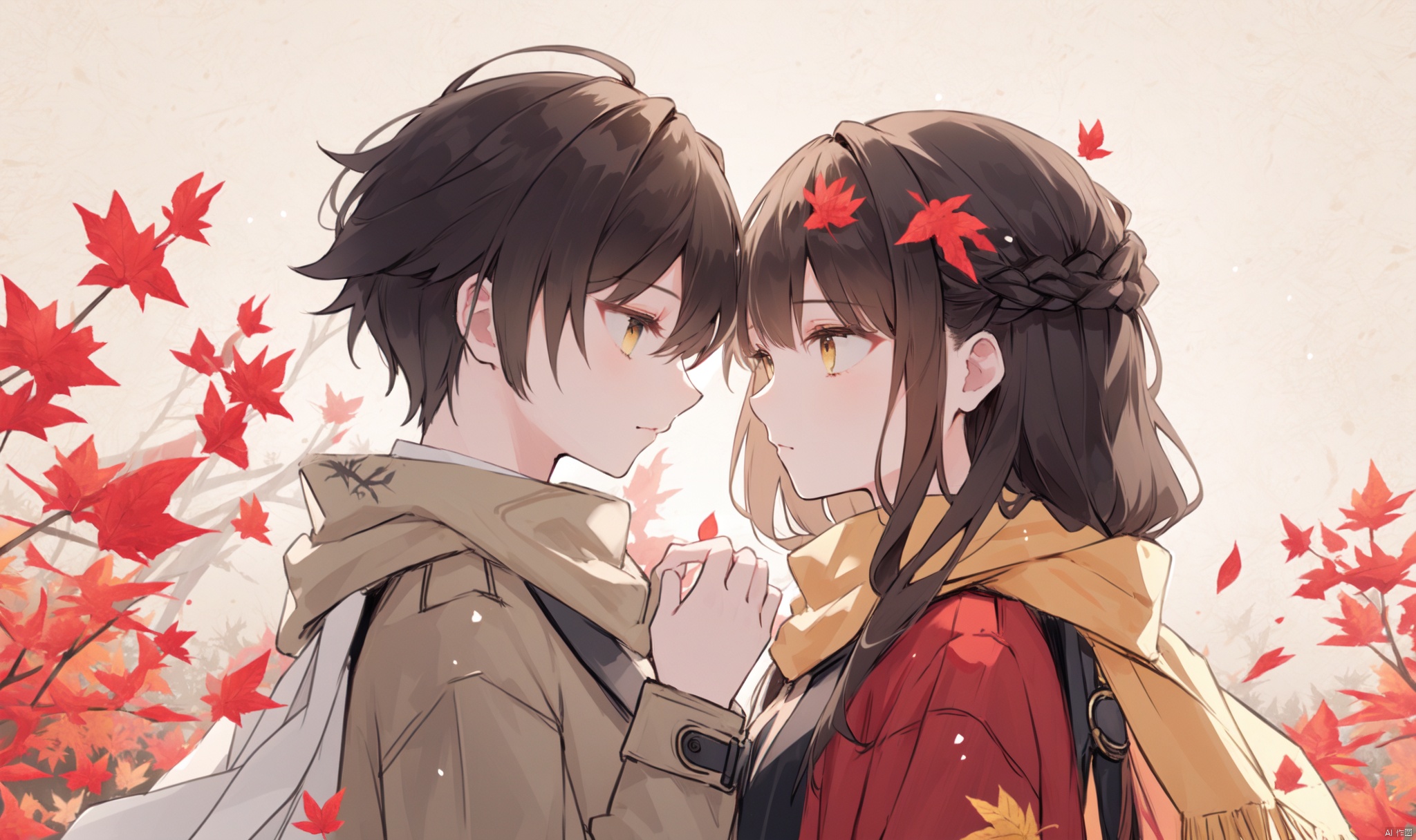 1girl, long hair, bangs, brown hair, black hair, long sleeves, 1boy, closed mouth, upper body, hetero, hand up, scarf, looking at another, from side, coat, profile, leaf, expressionless, wind, light particles, eye contact, height difference, branch, white scarf, autumn leaves, yellow theme, clothes grab