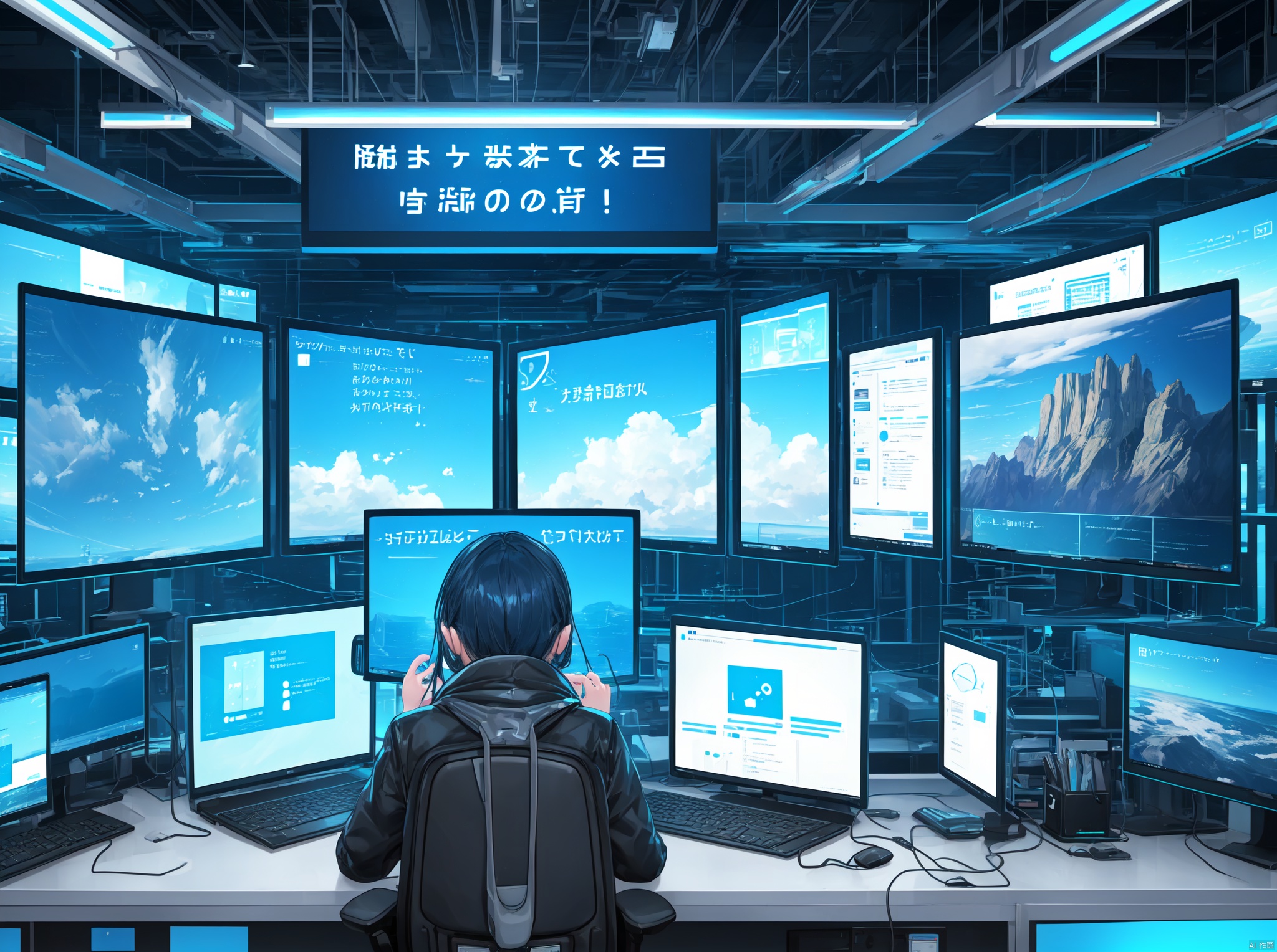 Work in front of the computer, Cloud customer service, Keep the text in mind for risk control security, Text Protection: Customers protect themselves, Transparent smartphone,Work on a computer desktop, Cloud customer service, Keep the text in mind for risk control security, Text Protection: Customers protect themselves, holographic interface, fantasy, Transparent smartphone