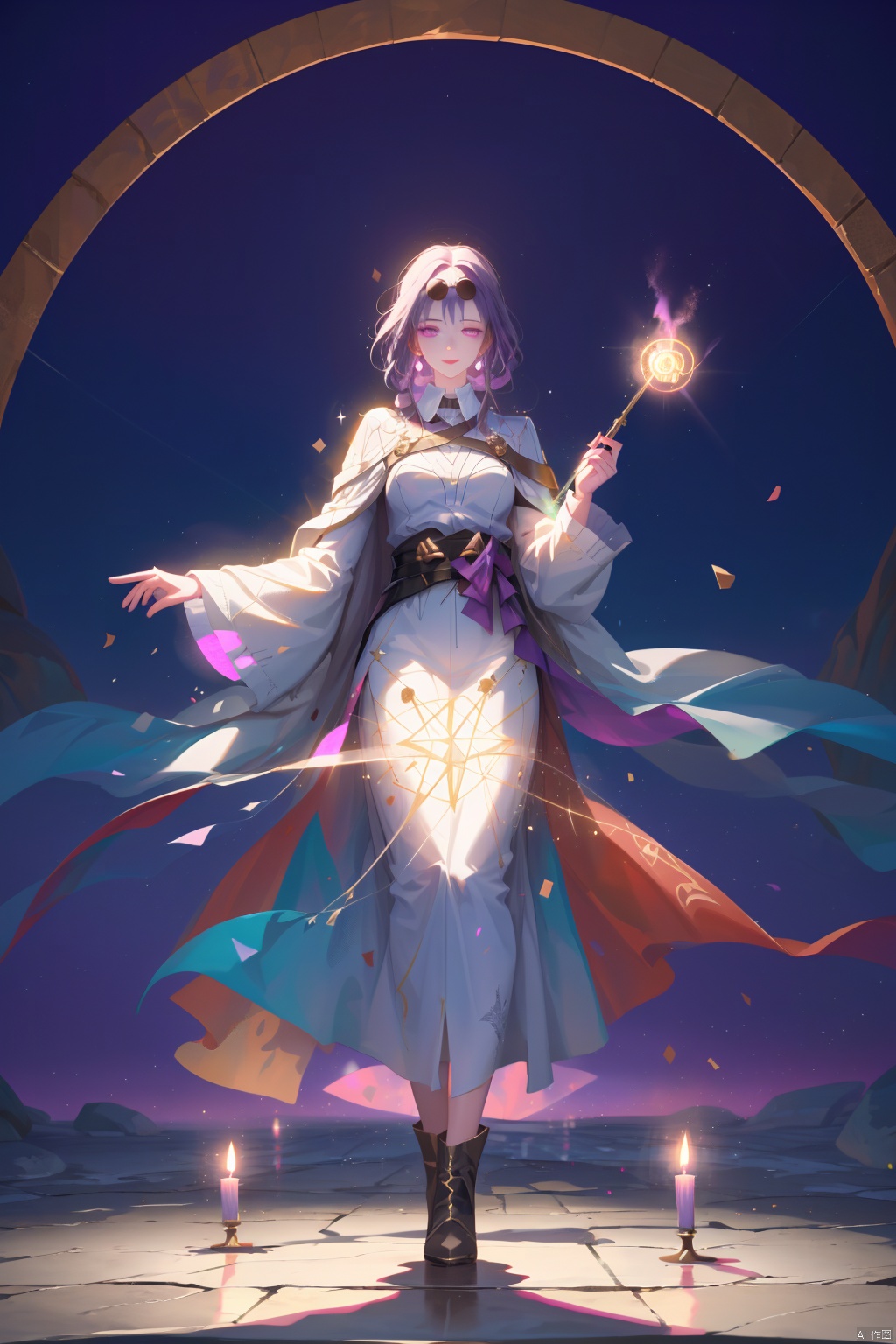  1 girl, sorceress apprentice, casting a powerful spell, wand in hand, glowing runes encircling her, cape fluttering in the magical breeze, standing in a mystic circle, surrounded by swirling potions and bubbling cauldrons, ancient tomes open nearby, eyes focused and determined, hint of mischief in her smile, purple aura shimmering around her, magical energy crackling in the air, mysterious symbols carved into the stone floor, dimly lit chamber with candles flickering, creating a dramatic and enchanting atmosphere.
, robinSR, 1girl