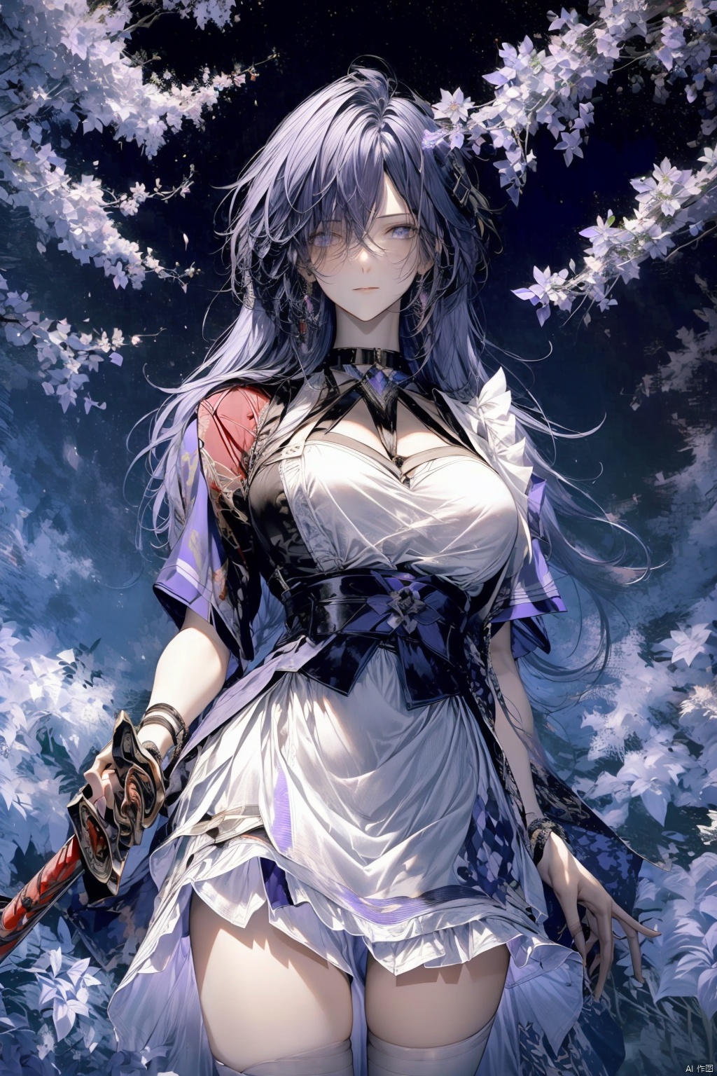  1girl, purple hair, dark purple hair, purple clip on hair, wearing Japanese clothes, Japanese clothes, purple and white Japanese clothes, holding a sword, holding a purple shiny sword, glowing purple sword, Japanese type sword, background charry blossom trees, beautiful pinkish charry blossom trees, dark purple sky, look at the view, lora:more_details:0.5, vibrant colors, masterpiece, sharp focus, best quality, depth of field, cinematic lighting, lora:more_details:0.5,wearing an apron, lora:more_details:0.5, naked and wearing an apron, Ymir Fritz, katana, spread leg, BY MOONCRYPTOWOW