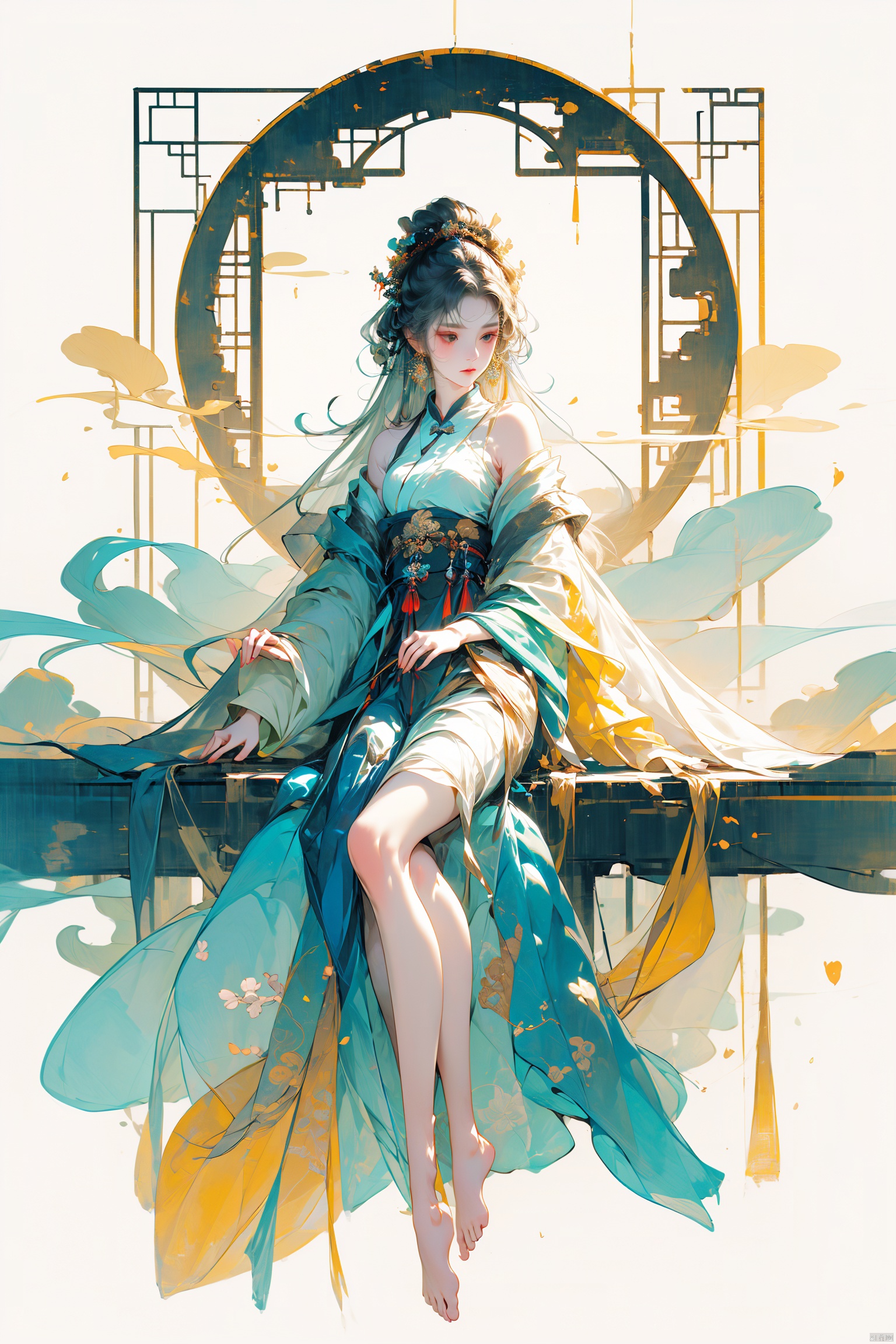  A girl, full-body photo, indoor, Hanfu, long hair fluttering, classical beauty, Chinese style.,Long legs,Show long legs,Golden Hanfu, bright and shining,((white hair)),((Bare legs)),((barefoot)),((Solid color background)),Xiangyun, China Cloud, Ink scattering_Chinese style