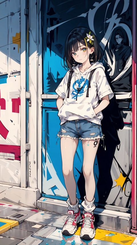  best quality,masterpiece,illustration,earrings,,hand in pocket,Denim shorts,an extremely delicate and beautiful,extremely detailed,CG,unity,8k,wallpaper,Amazing,finely detail,1 girl, solo, street, graffiti, white short sleeved, denim jacket, denim shorts, sneakers, spray painting,graffiti on the wall, hip-hop, street culture, jtc