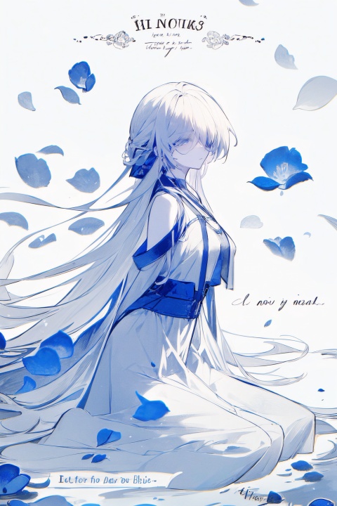  1girl, blue eyes, white long translucent night gown, expressionless, (white hair), hair cover one eye, long hair, blue hair flower, kneeling on lake, blood, (plenty of blue petals:1.35), (white background:1.5), (English text), greyscale, monochrome,greyscale,monochrome,sketch, liuying, backlight
