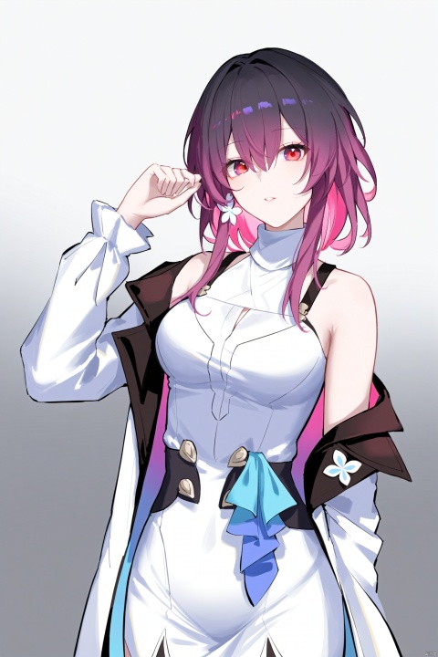  masterpiece,best quality,high quality,(colorful),[Artist miwano rag],[Artist chen bin],[Artist wlop:1],Artist myowa, 1girl, solo, hair ornament, jacket, hand up, off shoulder, white jacket, long sleeves, sleeveless, dress, open clothes, multicolored hair, hair between eyes, looking at viewer, white dress, bare shoulders, parted lips, open jacket, black hair, short hair, sleeveless dress, pink hair, colored inner hair, simple background, gradient background, eyes visible through hair, shirt, purple hair, two-tone hair, breasts, purple eyes, red eyes, turtleneck,firefly \(honkai: star rail\),march7th