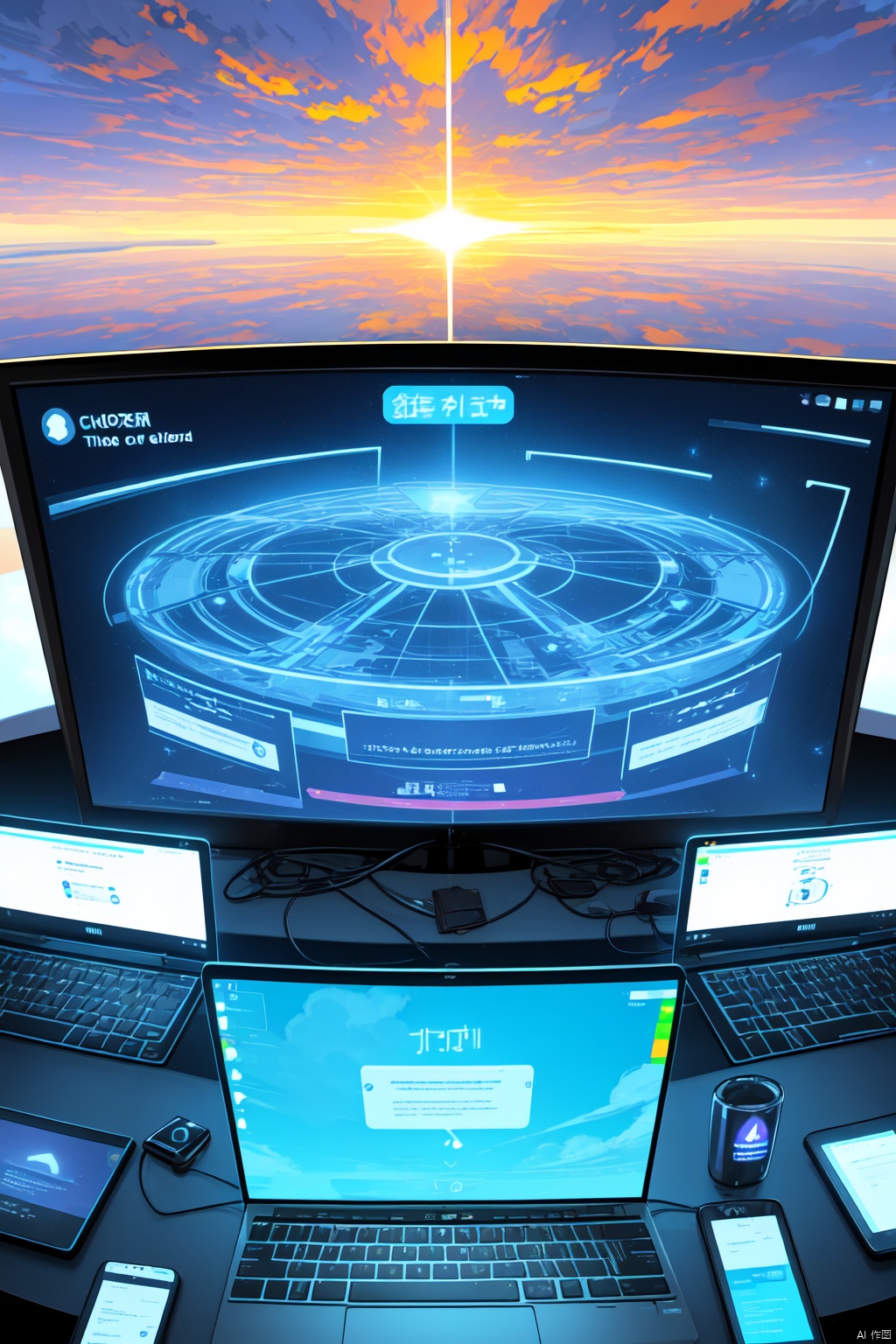 Work in front of the computer, Cloud customer service, Keep the text in mind for risk control security, Text Protection: Customers protect themselves, Transparent smartphone,Work on a computer desktop, Cloud customer service, Keep the text in mind for risk control security, Text Protection: Customers protect themselves, holographic interface, fantasy, Transparent smartphone