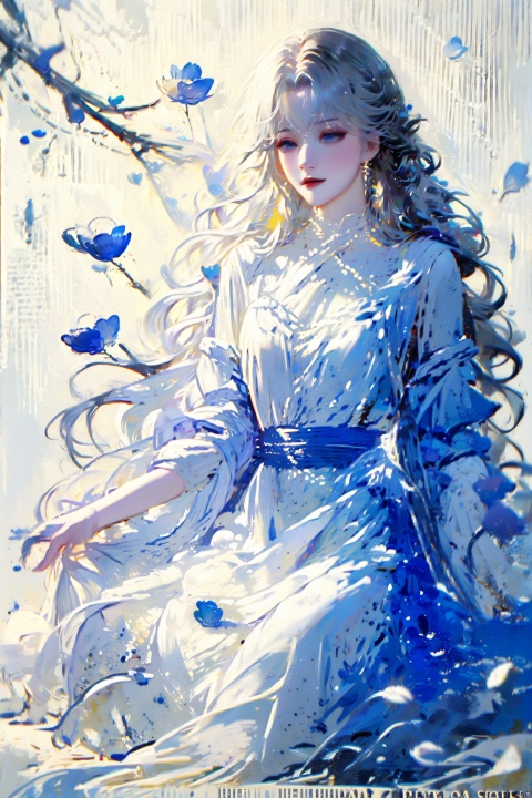  1girl, blue eyes, white long translucent night gown, expressionless, (white hair), hair cover one eye, long hair, blue hair flower, kneeling on lake, blood, (plenty of blue petals:1.35), (white background:1.5), (English text), greyscale, monochrome,greyscale,monochrome,sketch, liuying, backlight,a girl named heitiane, tattoo on stomach, haoche, meiren-red lips