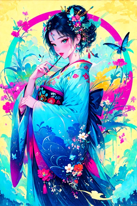  blue butterfly, in a colorful fantasy realism style, realistic color palette, wink and you miss details, japanese style art, fluid and organic shapes, light teal and light red, light reflection, gchf