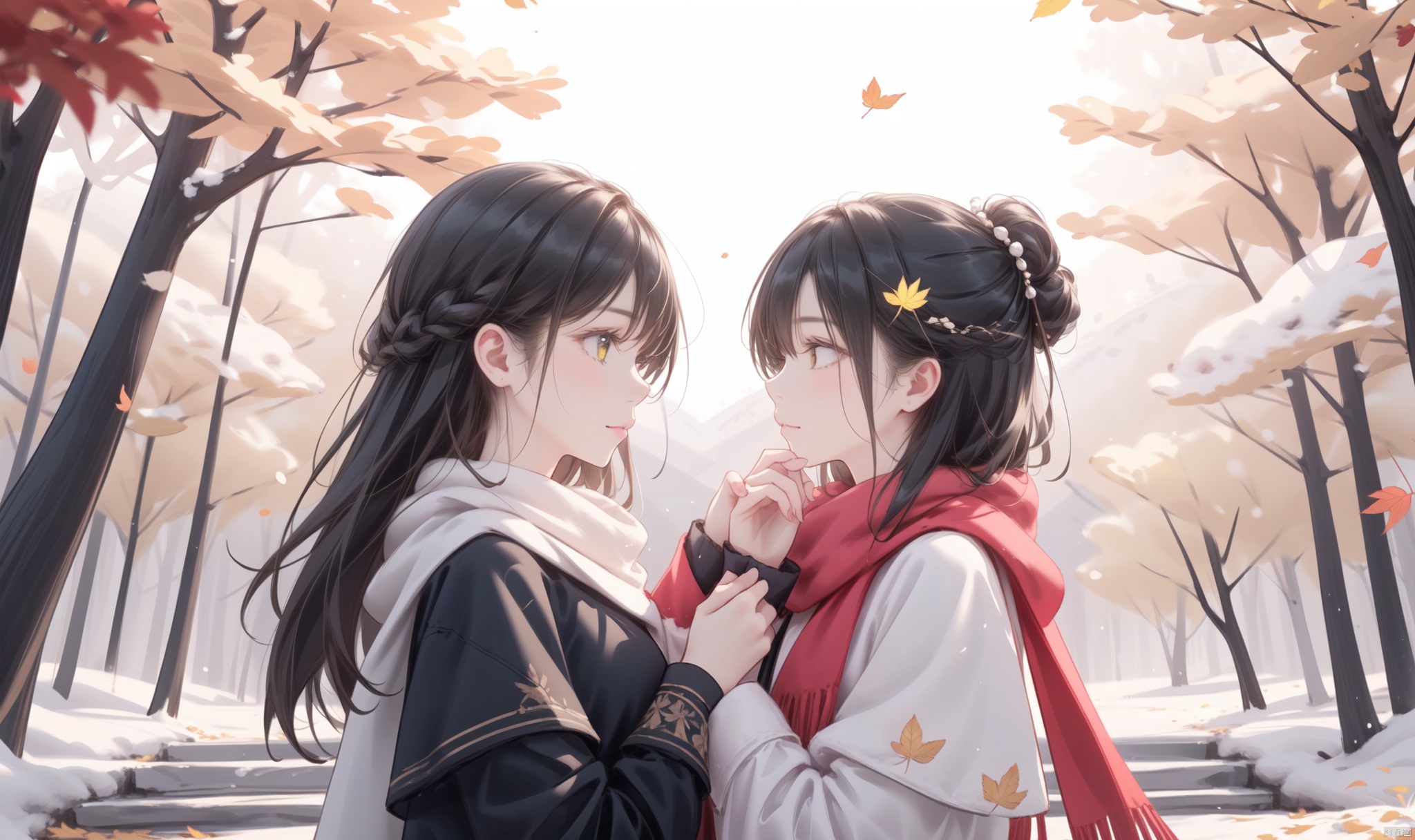 1girl, long hair, bangs, brown hair, black hair, long sleeves, 1boy, closed mouth, upper body, hetero, hand up, scarf, looking at another, coat, profile, leaf, expressionless, wind, light particles, eye contact, height difference, branch, white scarf, autumn leaves, yellow theme, clothes grab, A couple look at each other affectionately, Aesthetic, The seasons change, Winter, Autumn, Spring, Summer, from side
