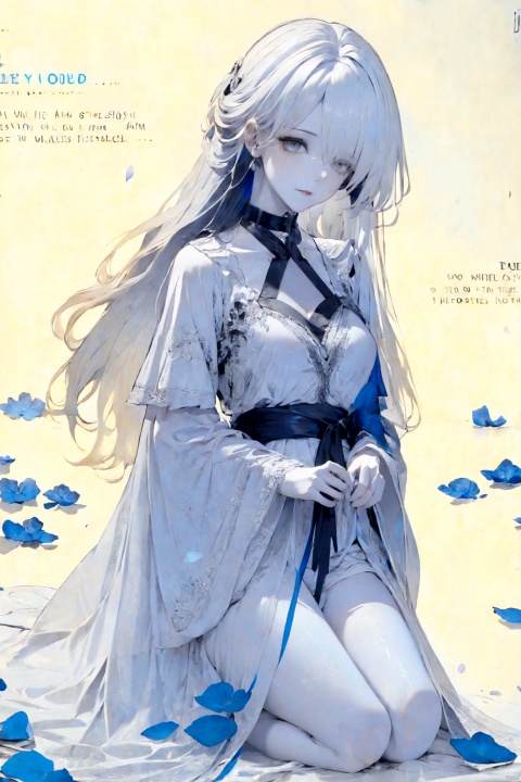  1girl, blue eyes, white long translucent night gown, expressionless, (white hair), hair cover one eye, long hair, blue hair flower, kneeling on lake, blood, (plenty of blue petals:1.35), (white background:1.5), (English text), greyscale, monochrome,greyscale,monochrome,sketch, liuying, meiren-red lips, Diagram